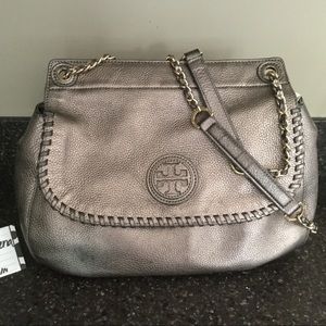 Gunmetal silver Tory Burch Marion saddle bag.